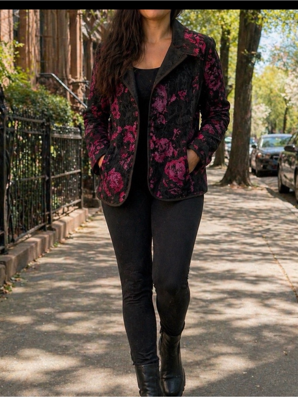 Reversible Black Blazer with Pink Floral Burnout